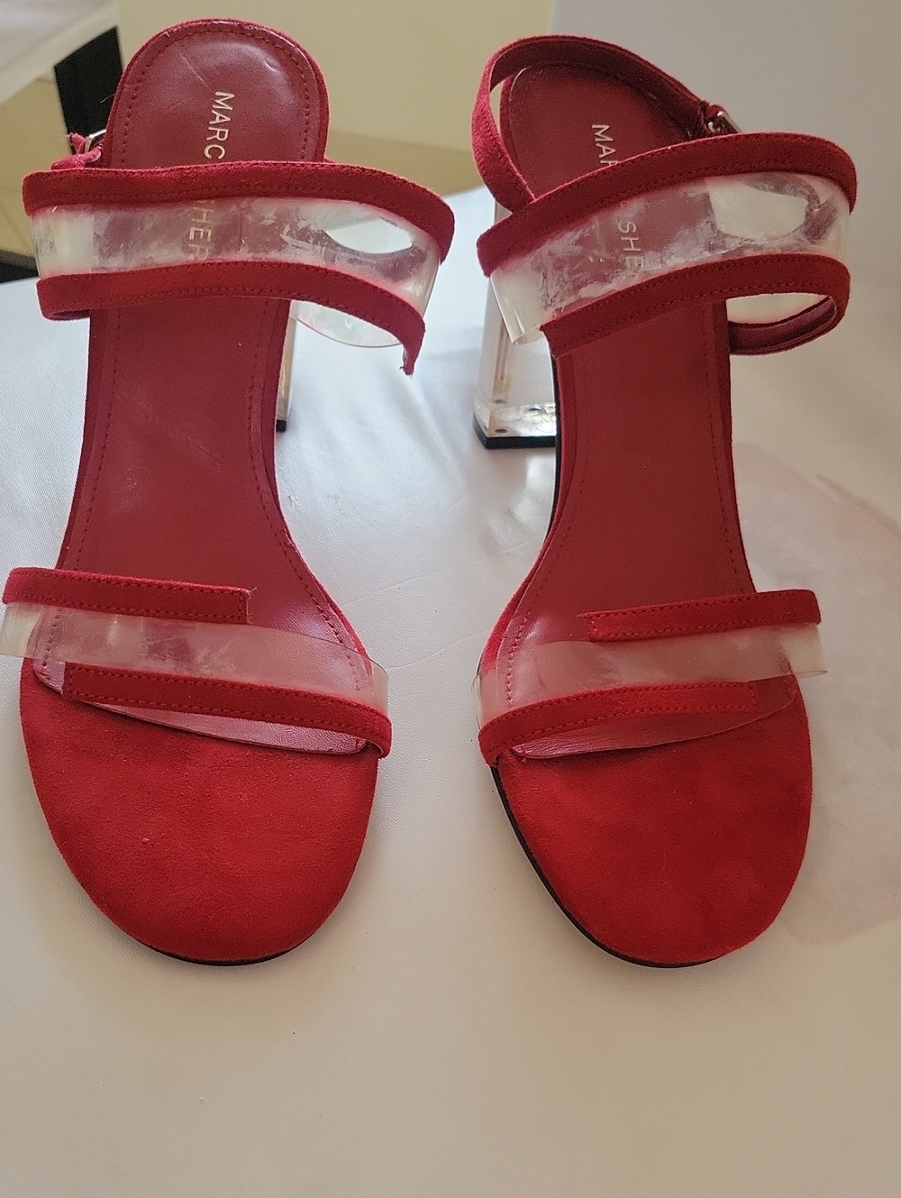 Marc Jacobs Red Suede and Clear-Strap Block Heel Sandals